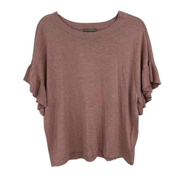NWT Lilla P Pink Ruffle Neck Short Sleeve Crewneck Sweater Top Womens Medium - Picture 1 of 7